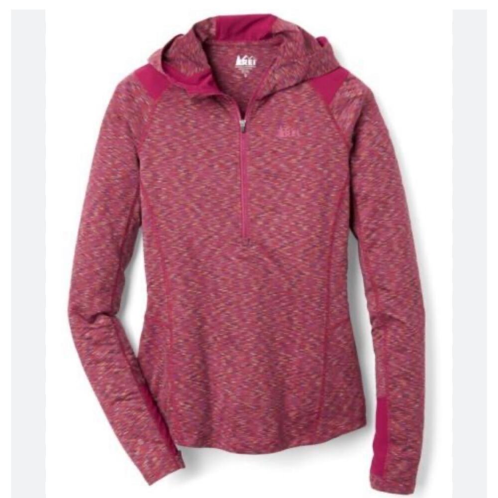 REI half zip hoodie top long sleeve red space dye thumb holes